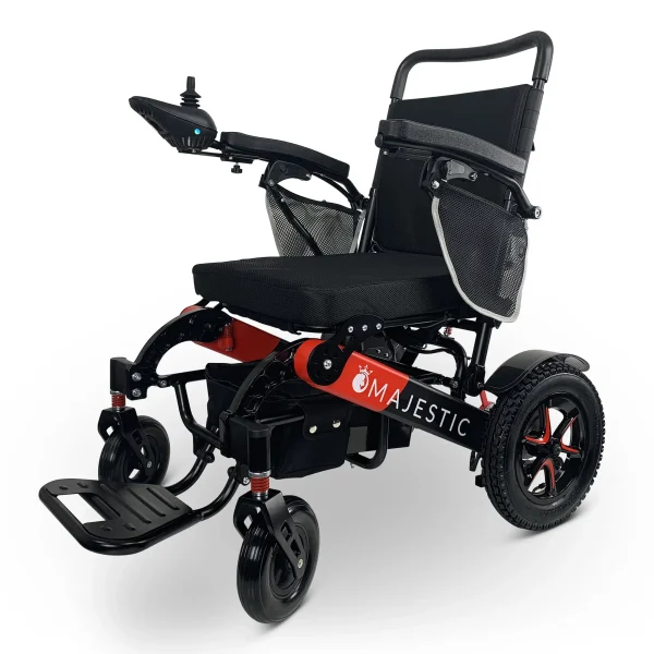 Majestic IQ‑7000 electric wheelchair with remote control, padded seat, folding frame, and large rear wheels—ideal for travel and everyday use.